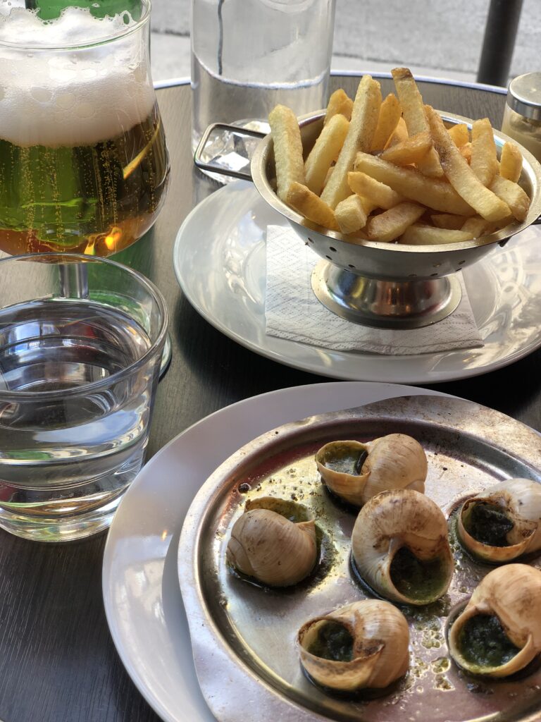 escargot, beer, fries