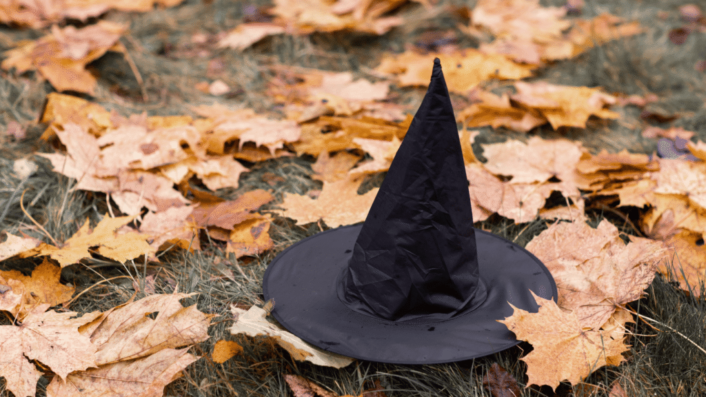Fall Travel Guide, Salem, Massachusetts witch hat and leaves